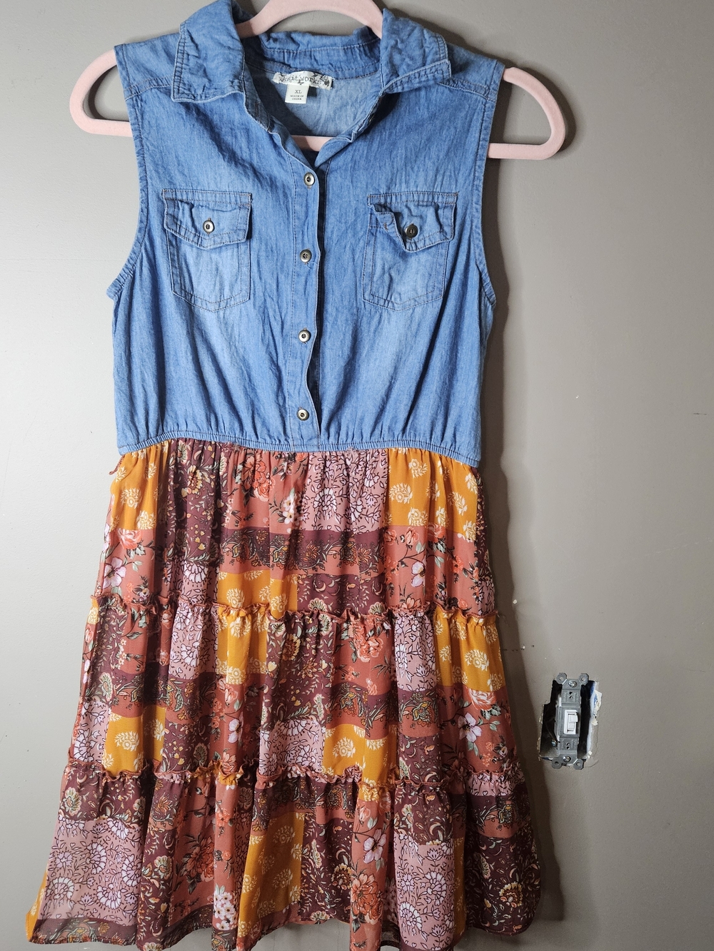 Knitworks Chambray Bodice Tiered Floral Dress - Blue, Rust & Mustard 100% Cotton